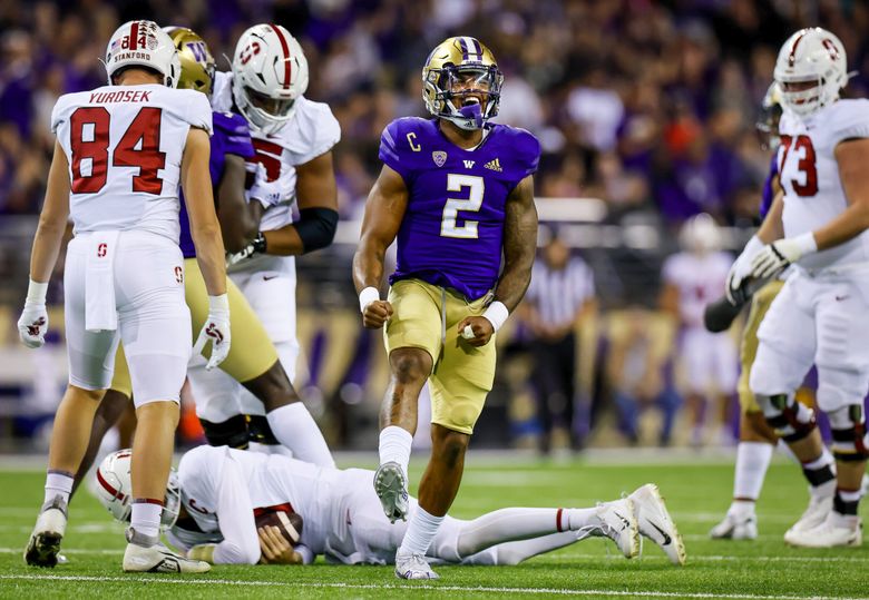 Washington Huskies linebacker Cam Bright celebrates after helping to sack Stanford Cardinal quarterback Tanner McKee, on the ground, during the first quarter, Saturday, in Seattle. (Jennifer Buchanan / The Seattle Times)