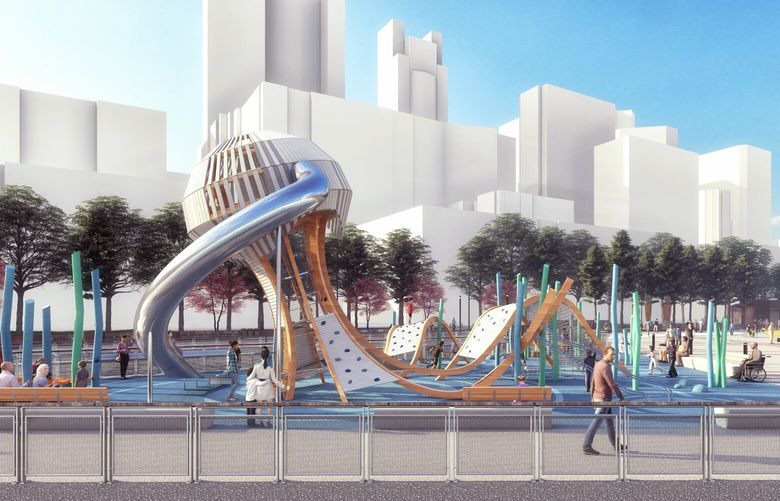 This is an artist’s rendering of Seattle’s new Pier 58 park, located between the Great Wheel and the Seattle Aquarium on the downtown waterfront. Construction began Monday. 
This shows the playground area. Credits: Seattle Office of the Waterfront.