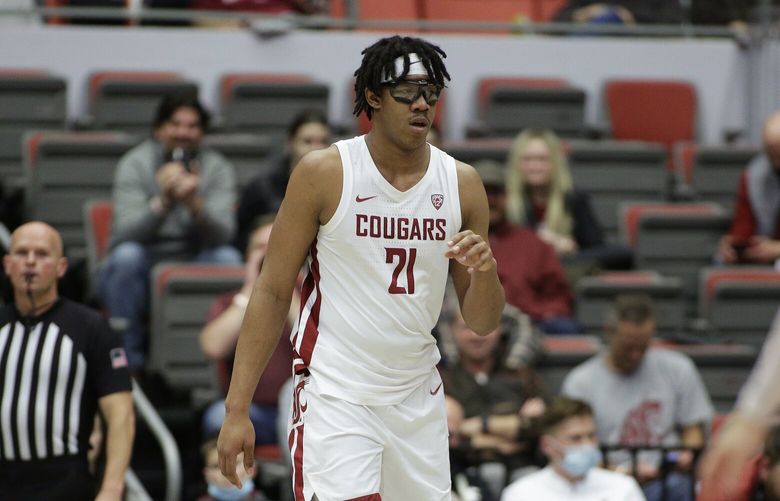 Washington State center Dishon Jackson prepares to defend during the first half of an NCAA college basketball game against Oregon State, Thursday, March 3, 2022, in Pullman, Wash. (AP Photo/Young Kwak)