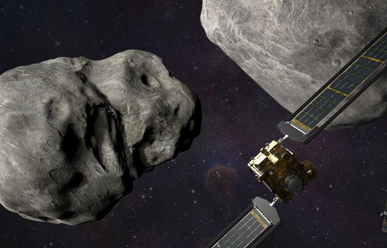 This illustration made available by Johns Hopkins APL and NASA depicts NASA’s DART probe, foreground right, and Italian Space Agency’s (ASI) LICIACube, bottom right, at the Didymos system before impact with the asteroid Dimorphos, left. DART is expected to zero in on the asteroid Monday, Sept. 26, 2022, intent on slamming it head-on at 14,000 mph. The impact should be just enough to nudge the asteroid into a slightly tighter orbit around its companion space rock. (Steve Gribben/Johns Hopkins APL/NASA via AP) NY864 NY864
