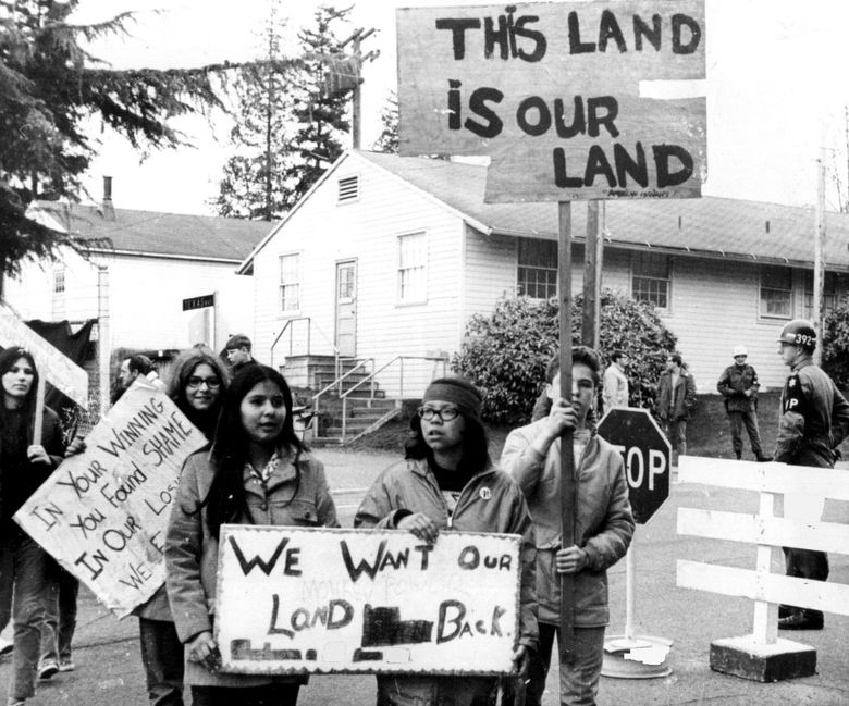 March 16, 1970: &#8220;Indians picket the Army — Indian and part-Indian youngsters picket the Army&#8217;s Fort Lawton here Sunday as MP&#8217;s in the background guard the fort after 78 Indians were arrested in a dawn demonstration in which they invaded Army land. Seventeen Indians go to court Monday on charges connected with the invasion. Other demonstrations were planned.&#8221; (The Associated Press)