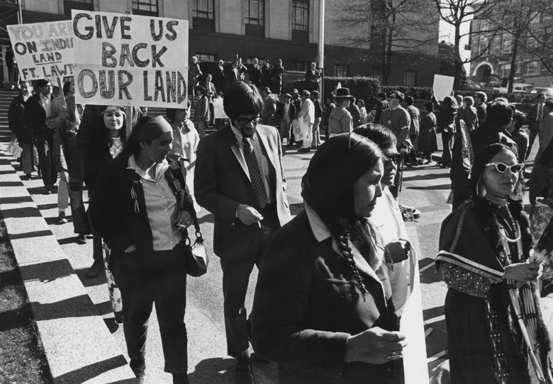 FROM THE ARCHIVES | March 10, 1970: The original caption was simply, &#8220;Indians and others demonstrated at United States Courthouse today.&#8221; (Pete Liddell / The Seattle Times)