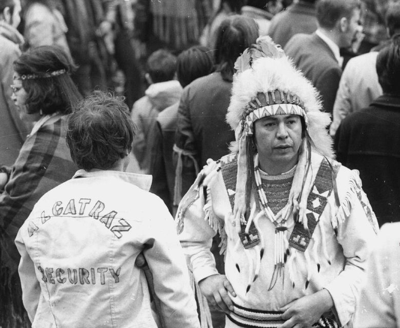 March 16, 1970: &#8220;In full dress &#8212; Indian leader Bob Satiacum of Tacoma, Wash., presents a colorful protest appearance at an Indian demonstration at the federal courthouse here today. Indians marched to back up demands that they be given Ft. Lawton in Seattle for a cultural and educational center. Indian at left took part in the earlier demonstrations at Alcatraz in San Francisco Bay.&#8221; (The Associated Press)