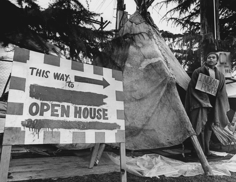 March 5, 1970: &#8220;Tepee set up at Fort Lawton &#8212; John Monar, a Sioux Indian from Poplar, Mont., stood in a newly erected tepee outside the main gate at Fort Lawton last evening as the demonstration demanding the return of surplus fort land to the Indians for a cultural and educational center continued. About 35 Indians were at the encampment, which has been manned by pickets since Tuesday noon. More support was expected to arrive today from other parts of the country.&#8221; (Greg Gilbert / The Seattle Times)