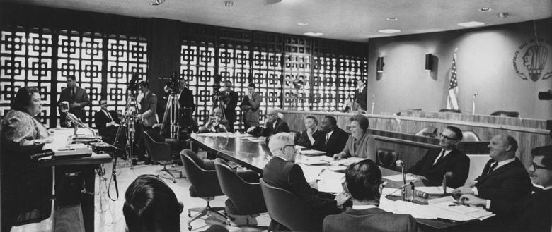 April 19, 1968: &#8220;Mrs. Pearl Warren, left, director of the Indian Center, addressed the City Council today during a hearing on the open-housing ordinance, which was passed unanimously. Council members were seated at right. About 200 persons were in the Council chambers.&#8221; (Greg Gilbert / The Seattle Times)