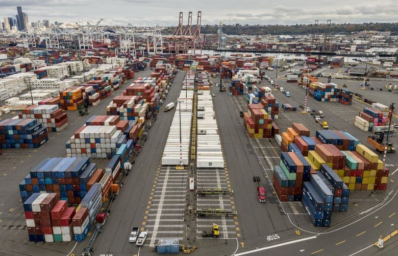 The Port of Seattle in Seattle, Washington, U.S., on Monday, Oct. 18, 2021. Global shipping congestion continues to delay supply chains. Global ports are growing more gridlocked as the pandemic era’s supply shocks intensify, threatening to spoil the holiday shopping season, erode corporate profits and drive up consumer prices. David Ryder/Bloomberg