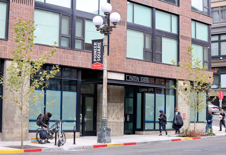 A new apartment building in Pioneer Square was purchased by King County in 2021. It’s expected to open as permanent supportive housing for chronically homeless people later this year.
(Karen Ducey / The Seattle Times)