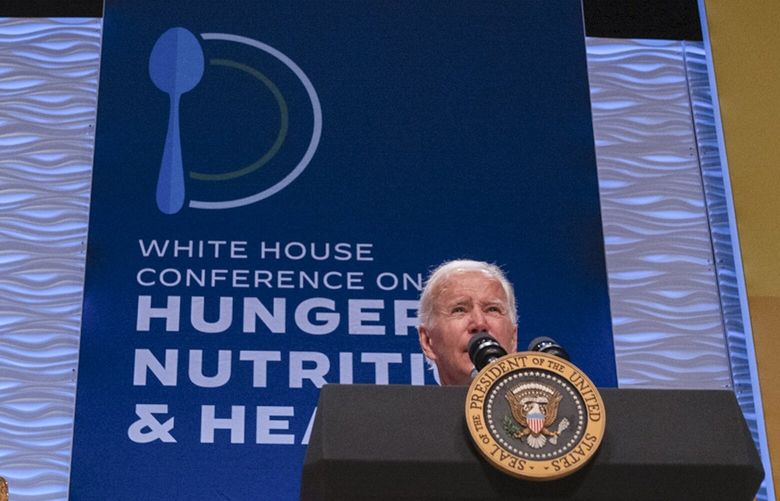 President Joe Biden addresses the White House Conference on Hunger, Nutrition, and Health, in Washington on Wednesday, Sept. 28, 2022.  At one point, Biden asked whether Rep. Jackie Walorski (R-Ind.), who died in August, was in attendance. (Cheriss May/The New York Times) XNYT201 XNYT201