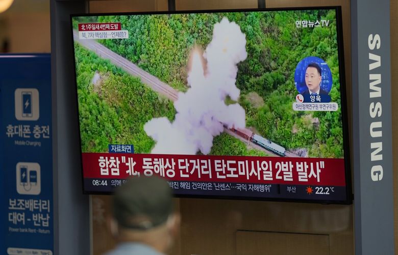 A TV screen showing a news program reporting about North Korea’s missile launch with file footage, is seen at the Seoul Railway Station in Seoul, South Korea, Saturday, Oct. 1. On Saturday, North Korea fired two short-range ballistic missiles toward its eastern waters, South Korean and Japanese officials said, making it the fourth round of weapons launches this week that are seen as a response to military drills among its rivals. (Lee Jin-man / The Associated Press)