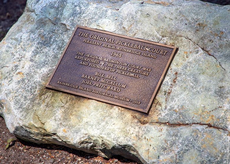 In 2019 the Bainbridge Island Historical Museum placed this plaque at the site where the first pickleball court was created in 1965 on Bainbridge Island. (Mike Siegel / The Seattle Times)