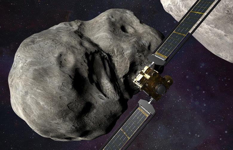 This illustration made available by Johns Hopkins APL and NASA depicts NASA’s DART probe, center, and Italian Space Agency’s (ASI) LICIACube, bottom right, at the Didymos system before impact with the asteroid Dimorphos, left. DART is expected to zero in on the asteroid Monday, Sept. 26, 2022, intent on slamming it head-on at 14,000 mph. The impact should be just enough to nudge the asteroid into a slightly tighter orbit around its companion space rock. (Steve Gribben/Johns Hopkins APL/NASA via AP) NY866 NY866