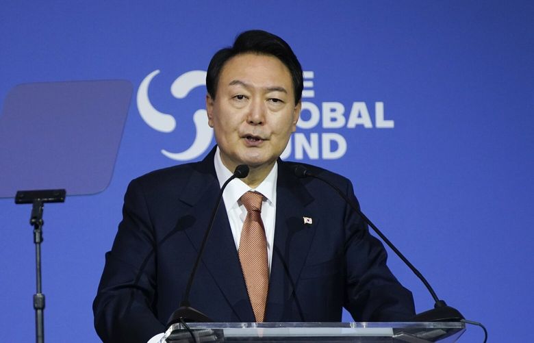 South Korean President Yoon Suk Yeol speaks during the Global Fund’s Seventh Replenishment Conference, Wednesday, Sept. 21, 2022, in New York. (AP Photo/Evan Vucci) NYEV486 NYEV486