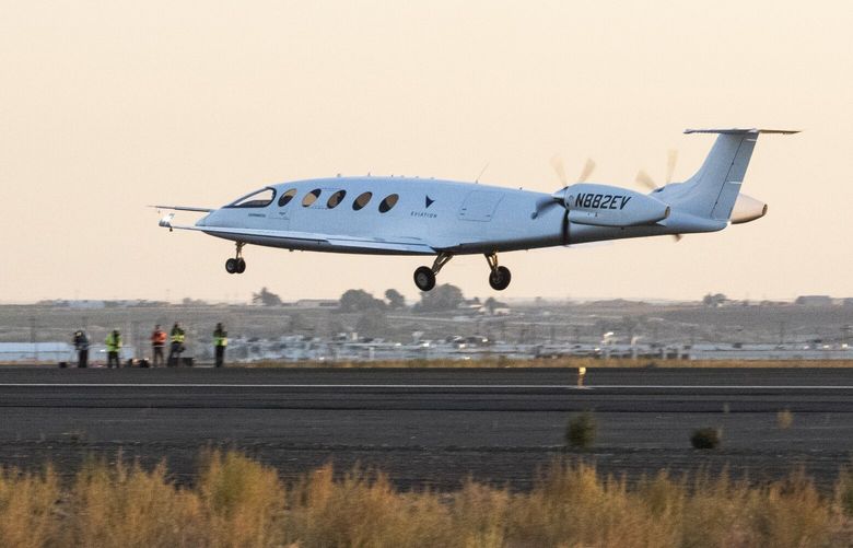The all-electric airplane called Alice takes off on its first flight in Moses Lake Tuesday, September 27, 2022.