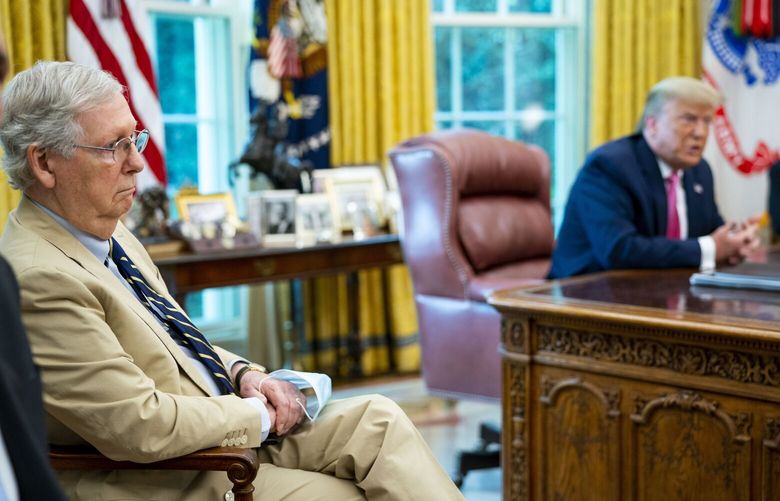 FILE — Then President Donald Trump meets with then Senate Majority Leader Mitch McConnell (R-Ky.) in the Oval Office at the White House in Washington, Monday, July 20, 2020. The unlikely pair forged a union that delivered results both wanted but fell apart when their political interests diverged. (Doug Mills/The New York Times)