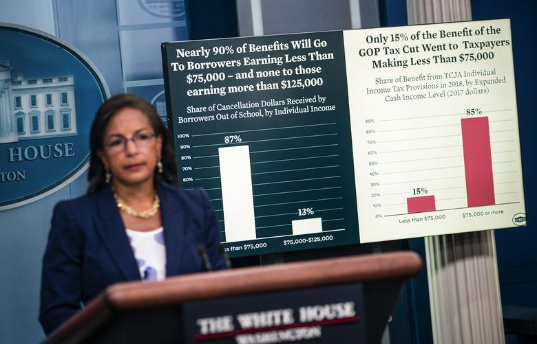 White House domestic policy advisor Susan Rice speaks during a press briefing at the White House in Washington on Wednesday, Aug. 24, 2022. President Biden announced student loan debt relief on Wednesday for tens of millions of Americans, saying he would cancel $10,000 in debt for those earning less than $125,000 per year and $20,000 for those who had received Pell grants for low-income students. (Al Drago/The New York Times)