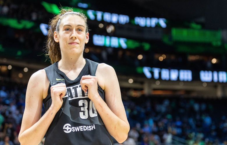 Breanna Stewart listens to chants of “MVP!” after the Storm won Game 1 of its playoff series with the Mystics.

The Washington Mystics played the Seattle Storm in Game 1 of the first round of the WNBA Playoffs Thursday, August 18, 2022 at Climate Pledge Arena, in Seattle, WA. 221311