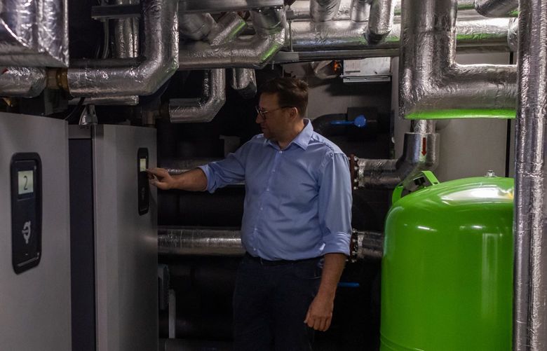 Krzysztof Januszek, who runs a heat pump installation company called Eco Synergia and is helping build the Stay Inn Hotel, says there is a six-month wait for heat pumps in Poland. (Photo by Anna Liminowicz for The Washington Post)