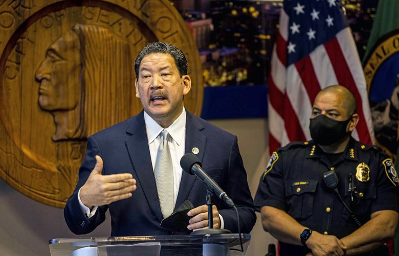 Seattle Mayor Bruce Harrell speaks to how his administration will address crime with public safety strategies at a news conference at city hall in Seattle on Friday, Feb. 4, 2022.