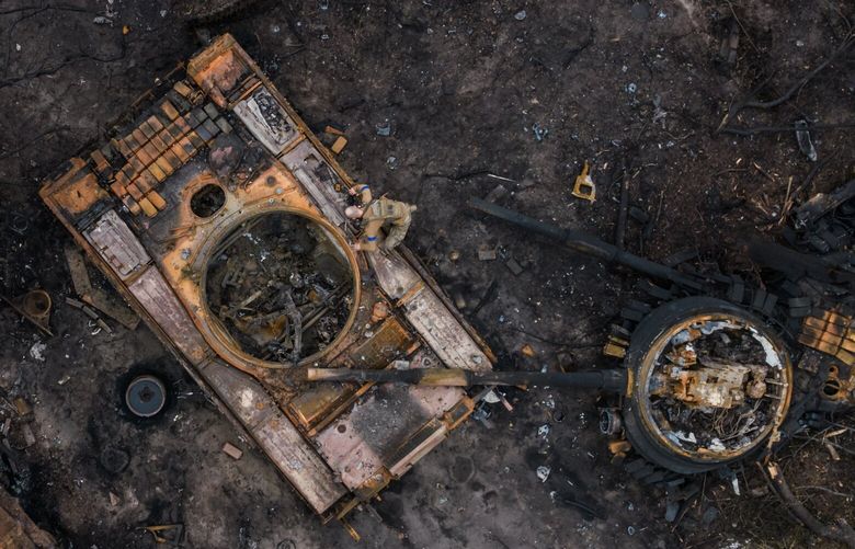 Destroyed Russian military equipment in the center of Izyum, Ukraine, which was liberated after months of occupation. MUST CREDIT: Photos for The Washington Post by Wojciech Grzedzinski.