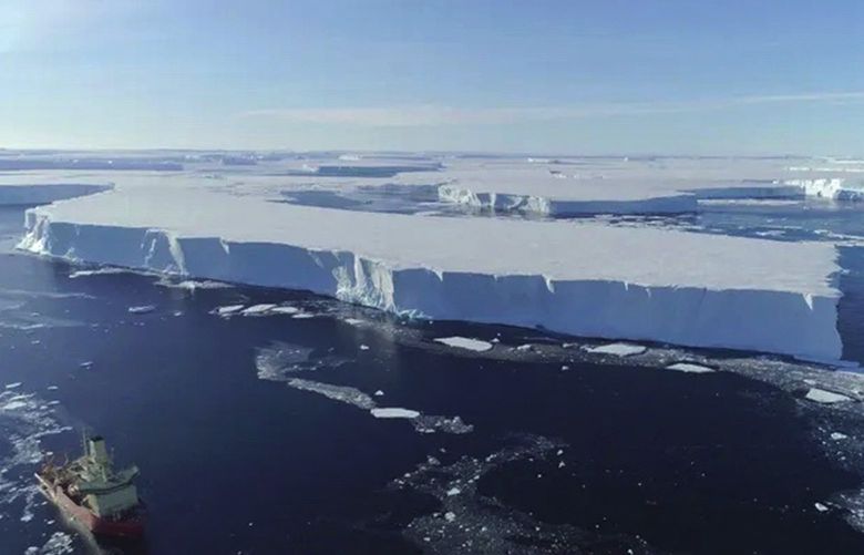 TZR ONLY The U.S. Antarctic Program research vessel Nathaniel B. Palmer working along the ice edge of the Thwaites Eastern Ice Shelf in February 2019. (Courtesy of Alexandra Mazur/University of Gothenburg)