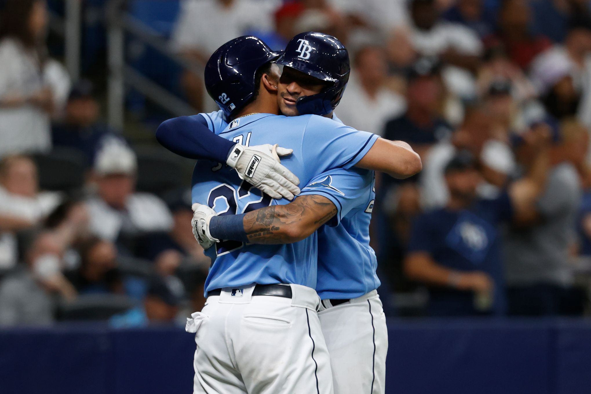 Tampa Bay Rays pitcher Jason Adam, left, and catcher Christian