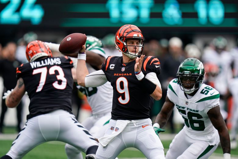 Cincinnati Bengals quarterback Joe Burrow looks to pass during the