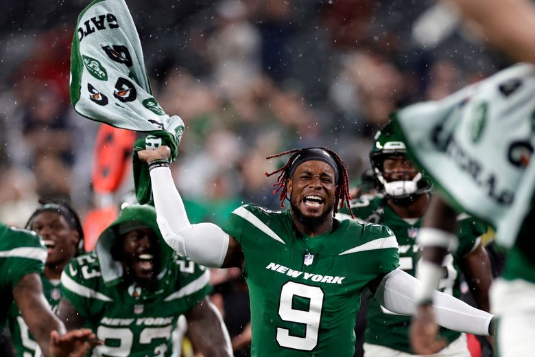 New York Jets' John Franklin-Myers speaks to reporters at the NFL