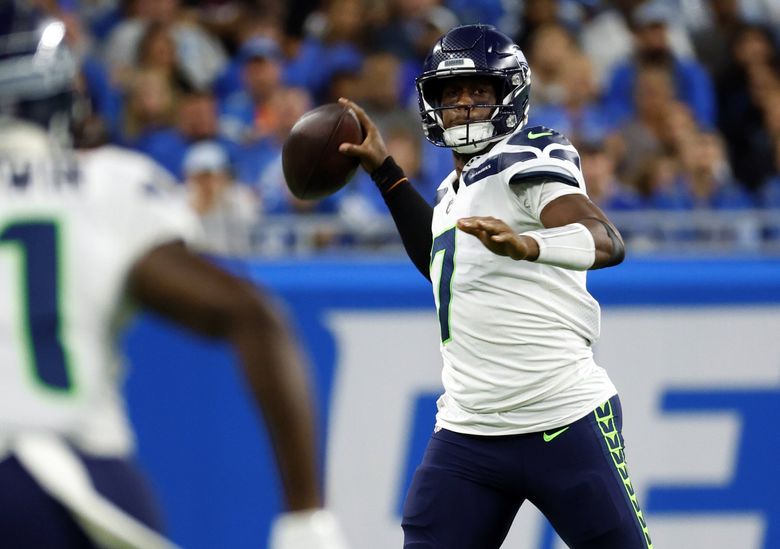 Seattle Seahawks quarterback Geno Smith (7) passes in the first half against the Detroit Lions during an NFL football game, Sunday, Oct. 2, 2022, in Detroit. (Rick Osentoski / The Associated Press)