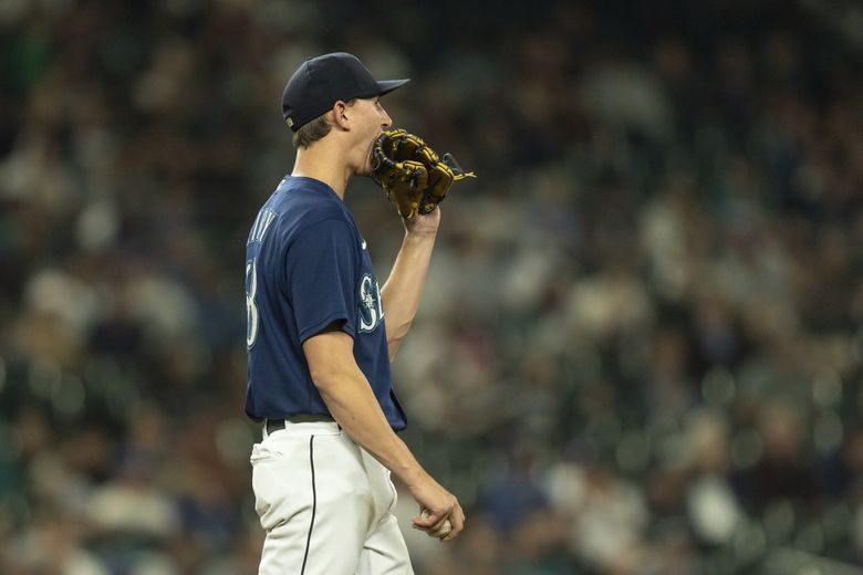 Seattle Mariners starting pitcher George Kirby bites his glove after giving up a two-run home run to Detroit Tigers’ Javier Baez during the third inning of a baseball game, Monday, Oct. 3, 2022, in Seattle. (Stephen Brashear / AP)