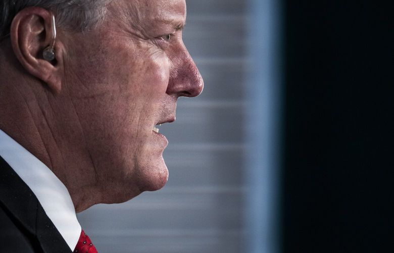 Then-White House Chief of Staff Mark Meadows speaks during a television interview outside the West Wing at the White House on Oct. 7, 2020, in Washington, D.C.