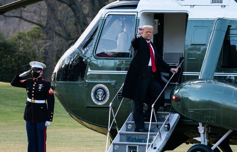 FILE – Then-President Donald Trump boards Marine One at the White House in Washington on his last day in office, Jan. 20, 2021. A top Justice Department official told former President Trump’s lawyers in recent weeks that the department believes he has not returned all the documents he took when he left the White House, according to two people briefed on the matter. (Anna Moneymaker/The New York Times) XNYT201 XNYT201