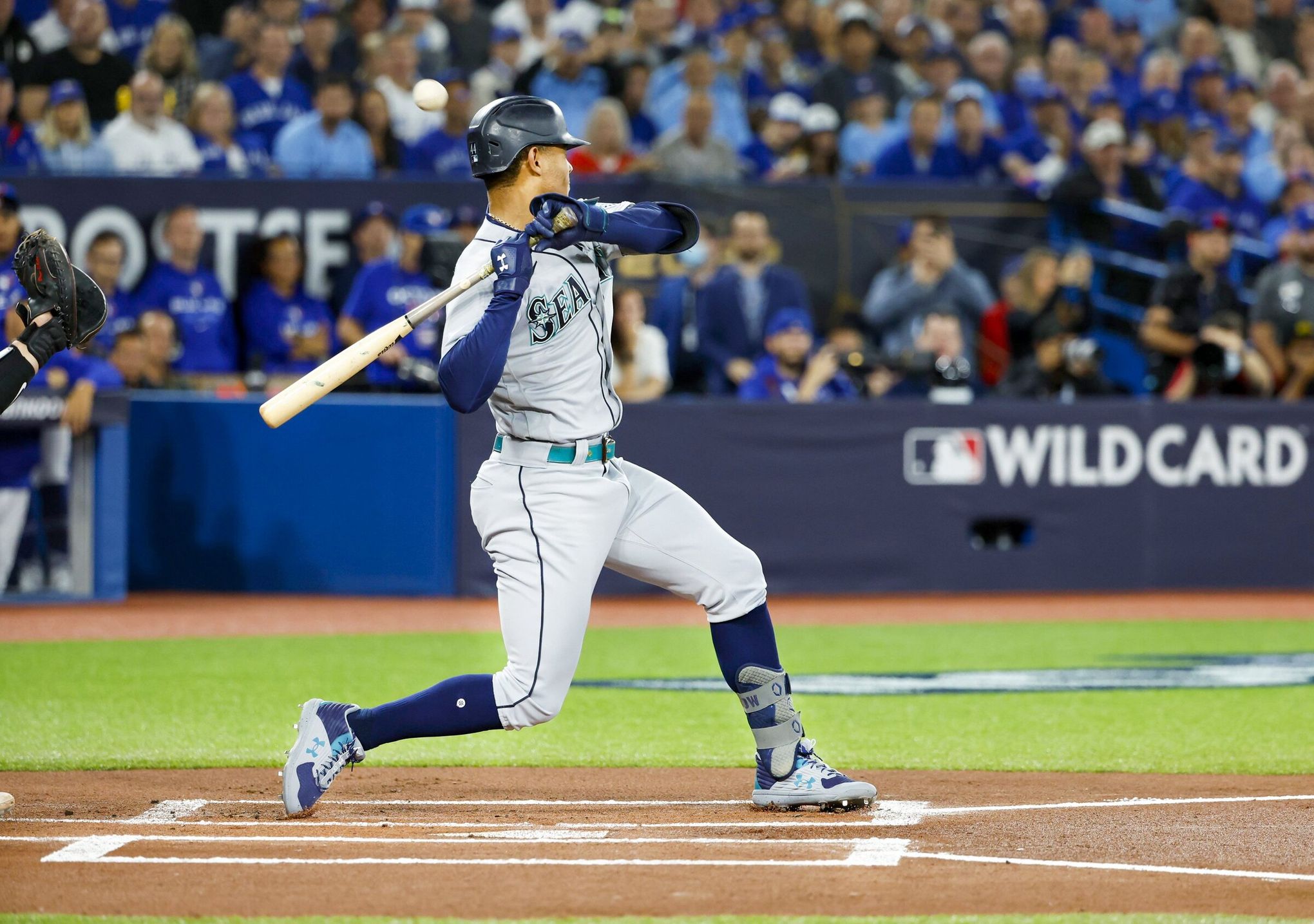 Seattle Mariners' Julio Rodriguez waits for a pitch during an at