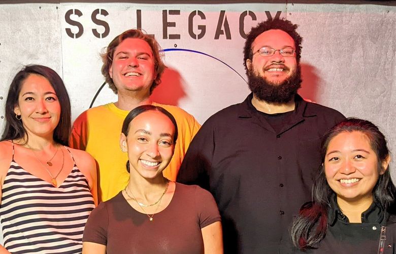 This was the crack Seattle Times team tasked with locating the lost city of Atlantis. Back row, left to right: freelance writer Tantri Wija, assistant features editor Trevor Lenzmeier, arts and culture reporter Jerald Pierce; front row: features producer Vonnai Phair, producer Qina Liu.