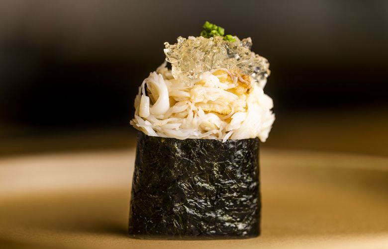 Warning: Chef Keiji Tsukasaki’s Dungeness crab gunkan maki with housemade gel is so very wonderful, it may cause synesthesia. (Daniel Kim / The Seattle Times)