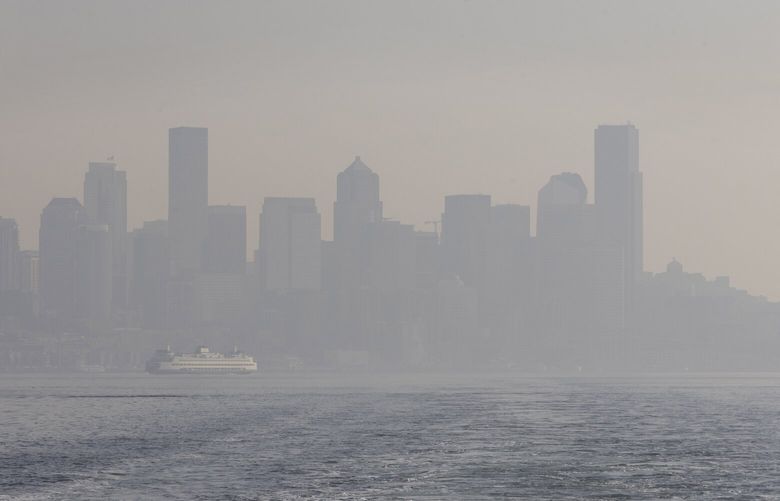 A Washington State Ferry can be seen heading towards Colman dock in downtown Seattle through hazy skies that are obscuring the Seattle skyline Monday, October 10, 2022.  The smoke is partially caused by the Bolt Creek Fire, which continues to burn in rugged terrain.  The fire is expected to have limited growth and crews are still working to put it out.  US 2 Is currently open throughout the fire area.  No additional planned closures are scheduled.  

Two wildfires continue to burn east of the Cascade Crest and are contributing to smoke in the area.

For more information on air quality, go to Washington Smoke Blog at: https://wasmoke.blogspot.com/ 221805