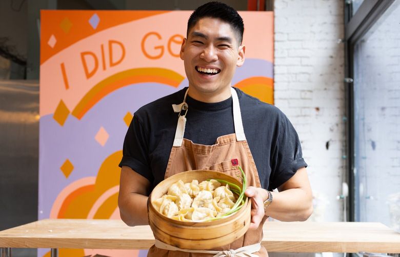 Frankie Gaw, author of the forthcoming cookbook First Generation, makes dumplings with Seattle Times writer Jackie Varriano at the Pastry Project in Seattle on September 28, 2022. Gaw’s cookbook explores his life as the child of Taiwanese immigrants.  – 221632