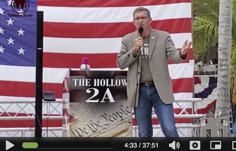 This image from video posted on Rumble on Feb. 23, 2022 shows Michael Flynn speaking at The Hollow in Venice, Fla. Flynn, who once led the U.S. military’s intelligence agency, now is at the center of a far-right Christian nationalist movement that has a growing influence in the Republican Party. (AP Photo) NY961 NY961