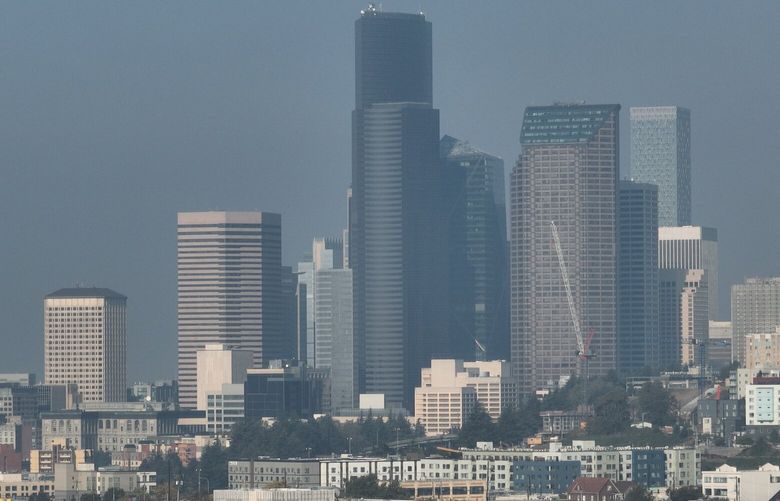 Smoke blankets over the city of Seattle on Saturday, Oct. 15, 2022.