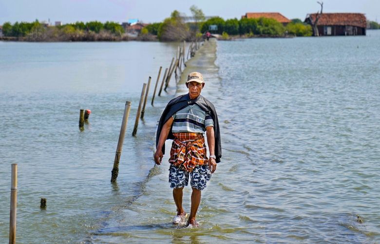 A man walks on a pathway that is partially submerged due to the rising sea levels in the village of Sidogemah, Central Java, Indonesia, Sunday, Nov. 7, 2021. World leaders are gathered in Scotland at a United Nations climate summit, known as COP26, to push nations to ratchet up their efforts to curb climate change. Experts say the amount of energy unleashed by planetary warming would melt much of the planet’s ice, raise global sea levels and greatly increase the likelihood and extreme weather events. XDA106