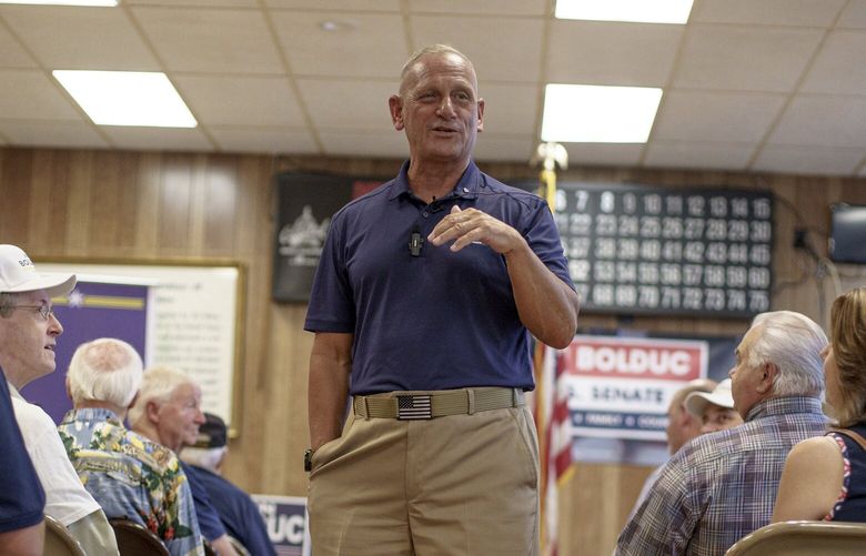 Don Bolduc delivers remarks during a campaign appearance at the American Legion in Laconia, N.H., Sept. 10, 2022. In a sign that New Hampshire is at risk of falling off the map of Senate battleground states, the main super PAC aligned with Senate Republicans said on Friday that it was canceling $5.6 million in television ads that it had reserved in the state for the final two weeks of the race. (John Tully/The New York Times) XNYT211 XNYT211