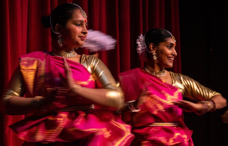 The Angakala Kathak Academy performs on the Armory Stage during Seattle Center’s Diwali celebration on Saturday, Oct. 22, 2022. The school teaches Kathak, an ancient form of Indian classical dancing.