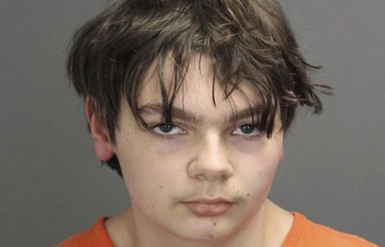 FILE – This booking photo released by the Oakland County, Mich., Sheriff’s Office shows Ethan Crumbley, 15, who is charged as an adult with murder and terrorism for a shooting that killed four fellow students and injured more at Oxford High School in Oxford, Mich. Crumbley is expected to plead guilty next week, authorities said Friday, Oct. 21, 2022. (Oakland County Sheriff’s Office via AP, File) NYSS504 NYSS504