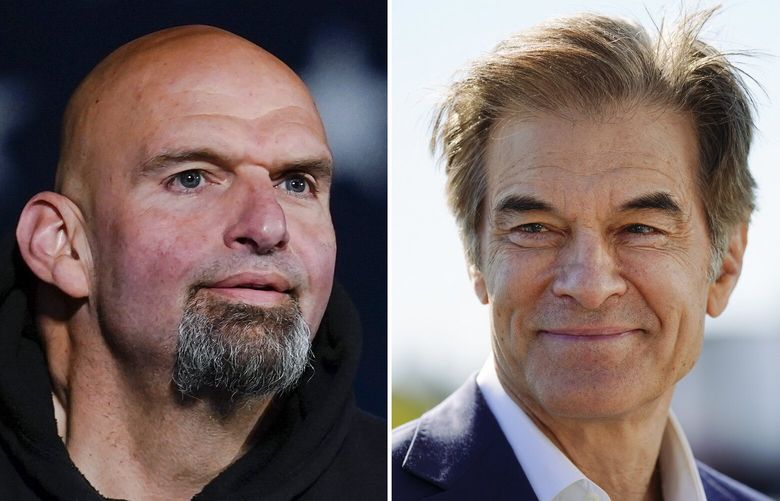 This combination of photos shows Pennsylvania Lt. Gov. John Fetterman, a Democratic candidate for U.S. Senate, Oct. 8, 2022, in York, Pa., left, and Mehmet Oz, a Republican candidate for U.S. Senate, Sept. 23, 2022, in Allentown, Pa. (AP Photo/Matt Rourke, File) WX418 WX418