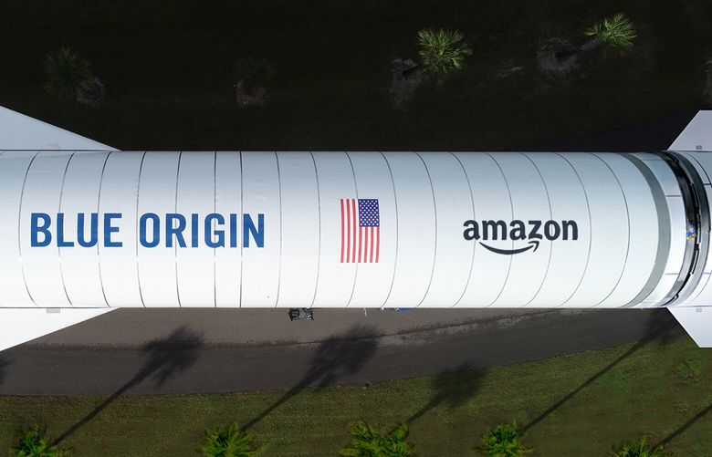 Overhead of the New Glenn rocket from Blue Origin, one of the three heavy-lift launch providers Amazon selected for Project Kuiper.