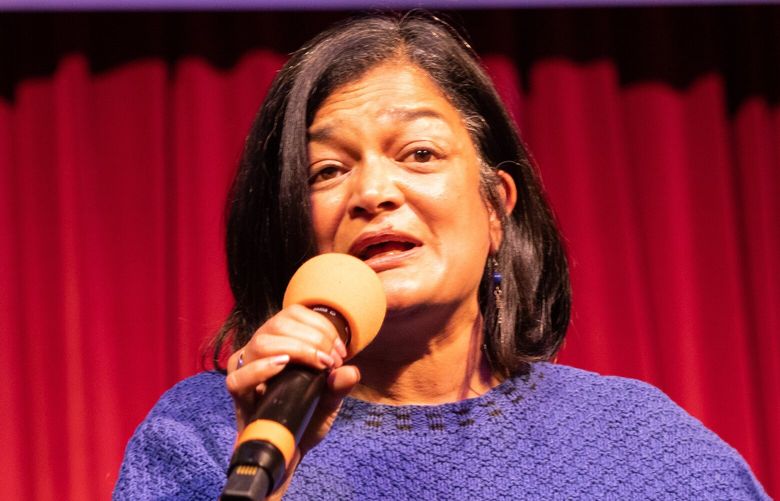 U.S. Representative Pramila Jayapal speaks at a rally with Senators Patty Murray and Elizabeth Warren appear at the Seattle Center Armory to get voters fired up for the midterm election in Seattle on October 21, 2022. Washington state Governor Jay Inslee, Rep. Pramila Jayapal and NARAL leader Mini Timmaraju appear also.