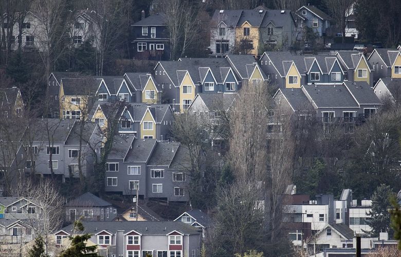 Homes are seen along the east side of Seattle’s Beacon Hill neighborhood in February 2022. Achieving affordability without increases in density is inconsistent with the evidence on addressing the housing affordability crisis. (Ken Lambert / The Seattle Times)