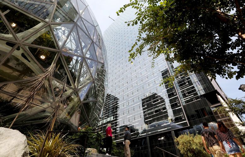 Amazon’s downtown Seattle campus is seen Thursday, Aug. 5, 2021 after the company announced it is pushing back a return to the office for workers until January 2022. 217842