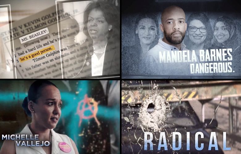 Still images from recent political ads which have prompted Democrats and their allies to accuse Republicans of resorting to racist fear tactics to scare Americans into voting Republican. Running ads portraying Black candidates as soft on crime – or as “different” or “dangerous” – Republicans have shed quiet defenses of such tactics for unabashed defiance. (Top row, from left: Club for Growth Action, National Republican Senatorial Committee; bottom row, Congressional Leadership Fund via The New York Times) – NO SALES; FOR EDITORIAL USE ONLY WITH NYT STORY SLUGGED POLITICS RACISM BY JONATHAN WEISMAN FOR OCT. 25, 2022. ALL OTHER USE PROHIBITED. – XNYT62 XNYT62