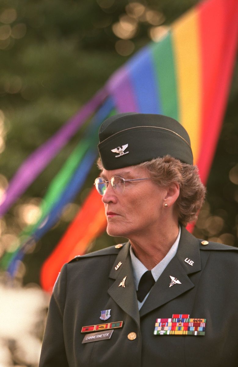 Col. Margarethe Cammermeyer, a recipient of the Bronze Star as a combat-hospital nurse, was honorably discharged from the National Guard in 1992 because she is a lesbian. Still an activist, Cammermeyer says, “Complacency is what concerns me now. We need change agents! I tell people to become informed. Vote. Run for public office. Live your truth.” (Betty Udesen / The Seattle Times, 2000)