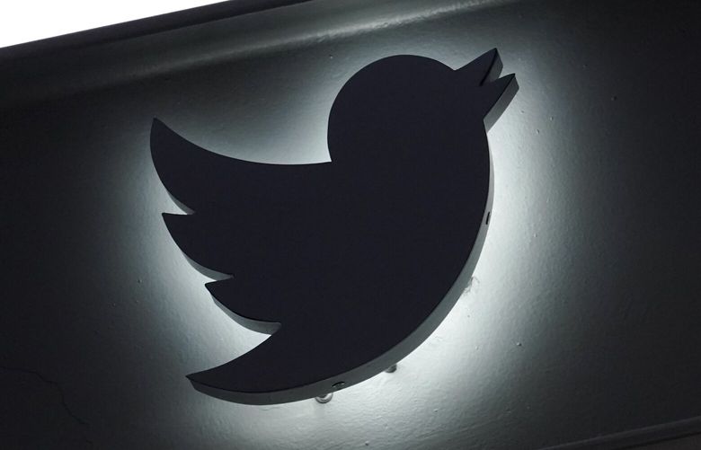 The Twitter logo is seen on the awning of the building that houses the Twitter office in New York, Wednesday, Oct. 26, 2022. (AP Photo/Mary Altaffer) NYMA206 NYMA206